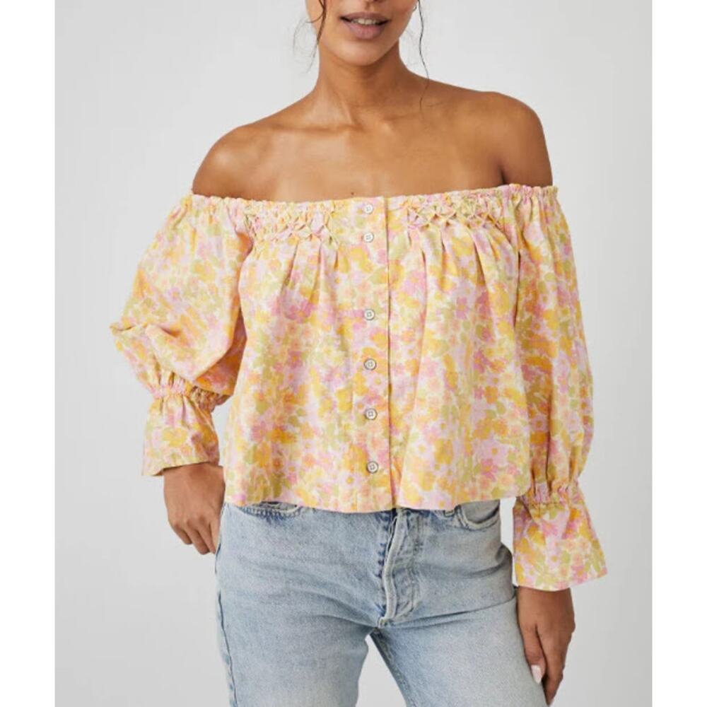 Free People Pastel Floral Off-Shoulder Button Front Top